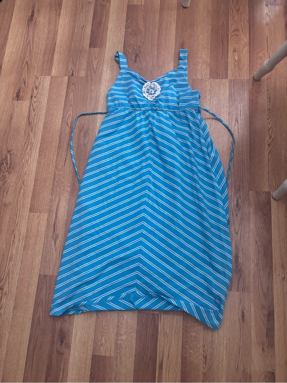 Women’s  Blue Striped Summer Dress with Crochet Accent